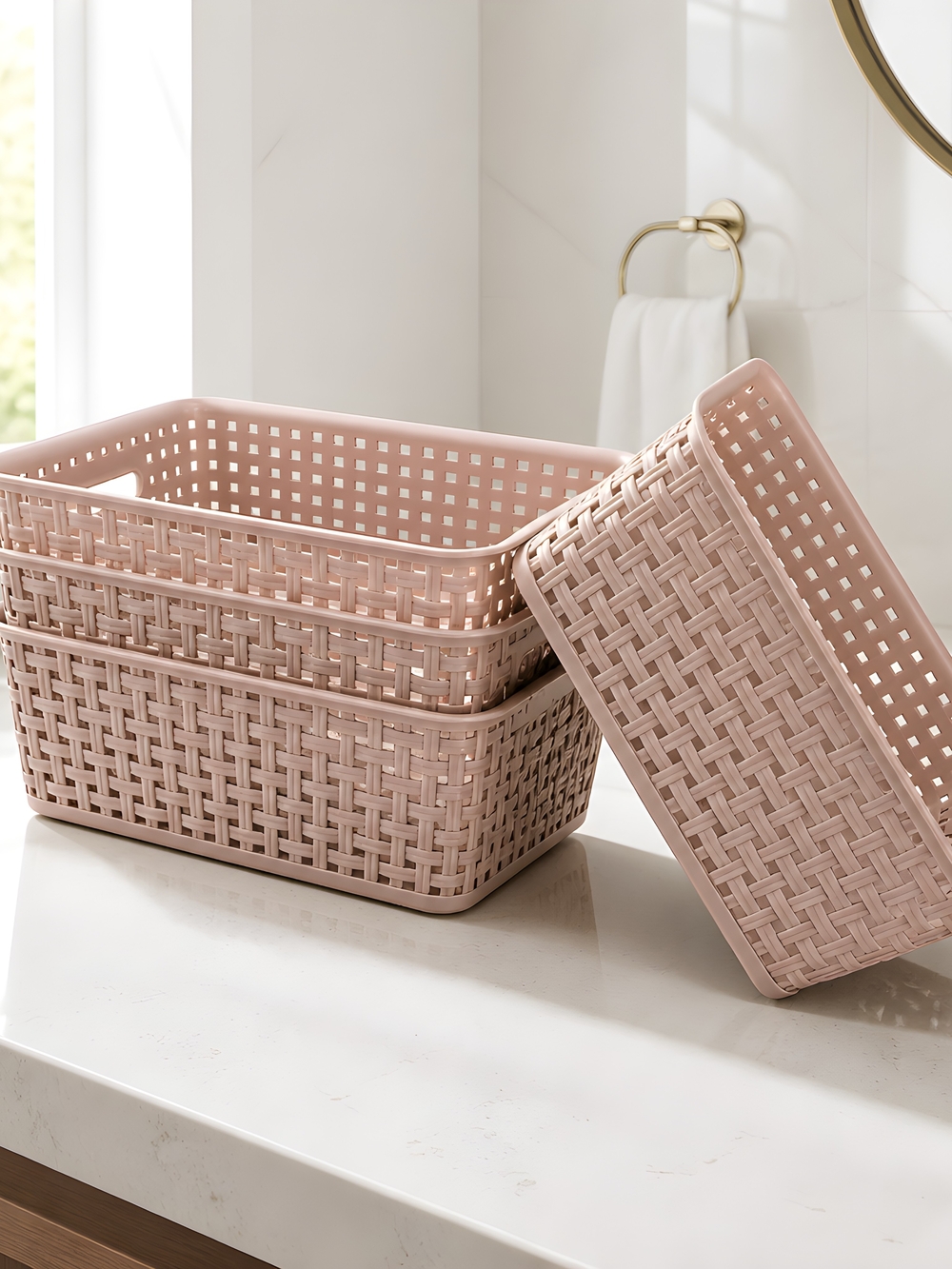 Blush Pink Woven Plastic Storage Baskets - Set of 4